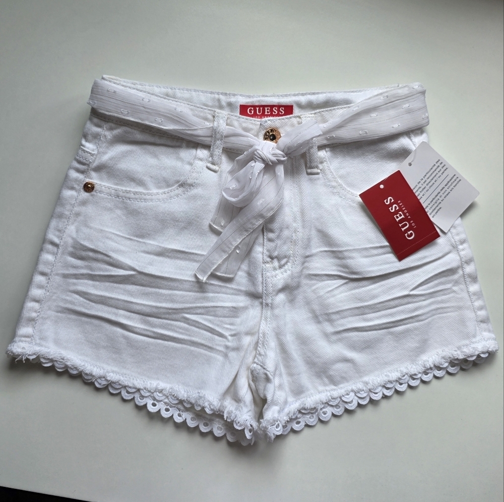 Guess White Denim Shorts with Frayed Hem Girls Sz 10 NEW
